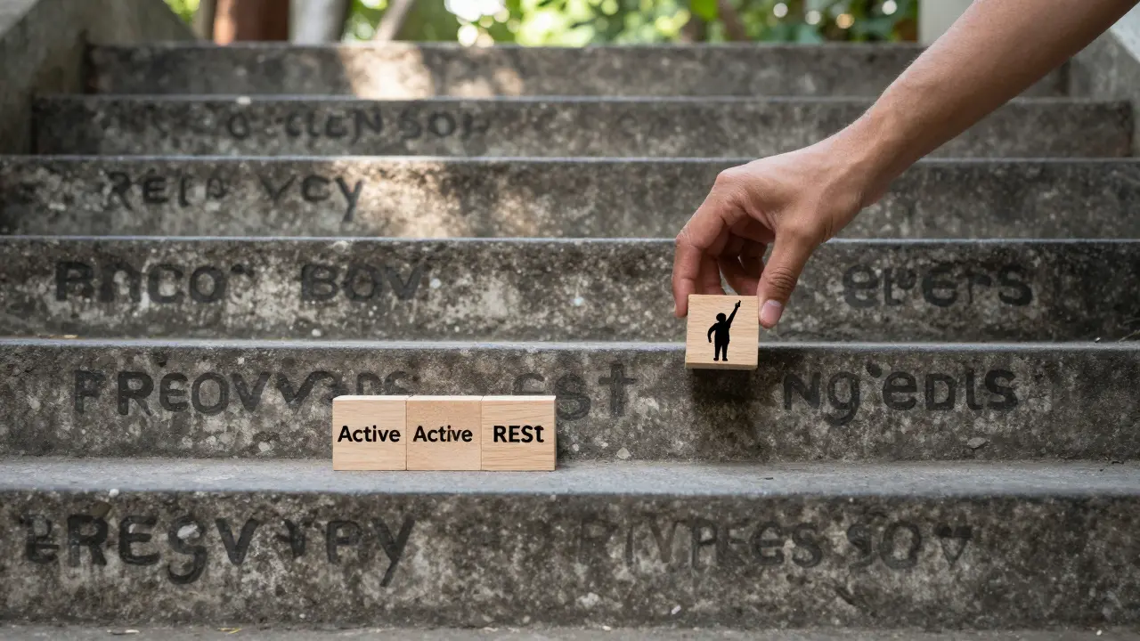 Ruky kladejí kámen na schodiště, symbolizující postupný pokrok s odpočinkem.