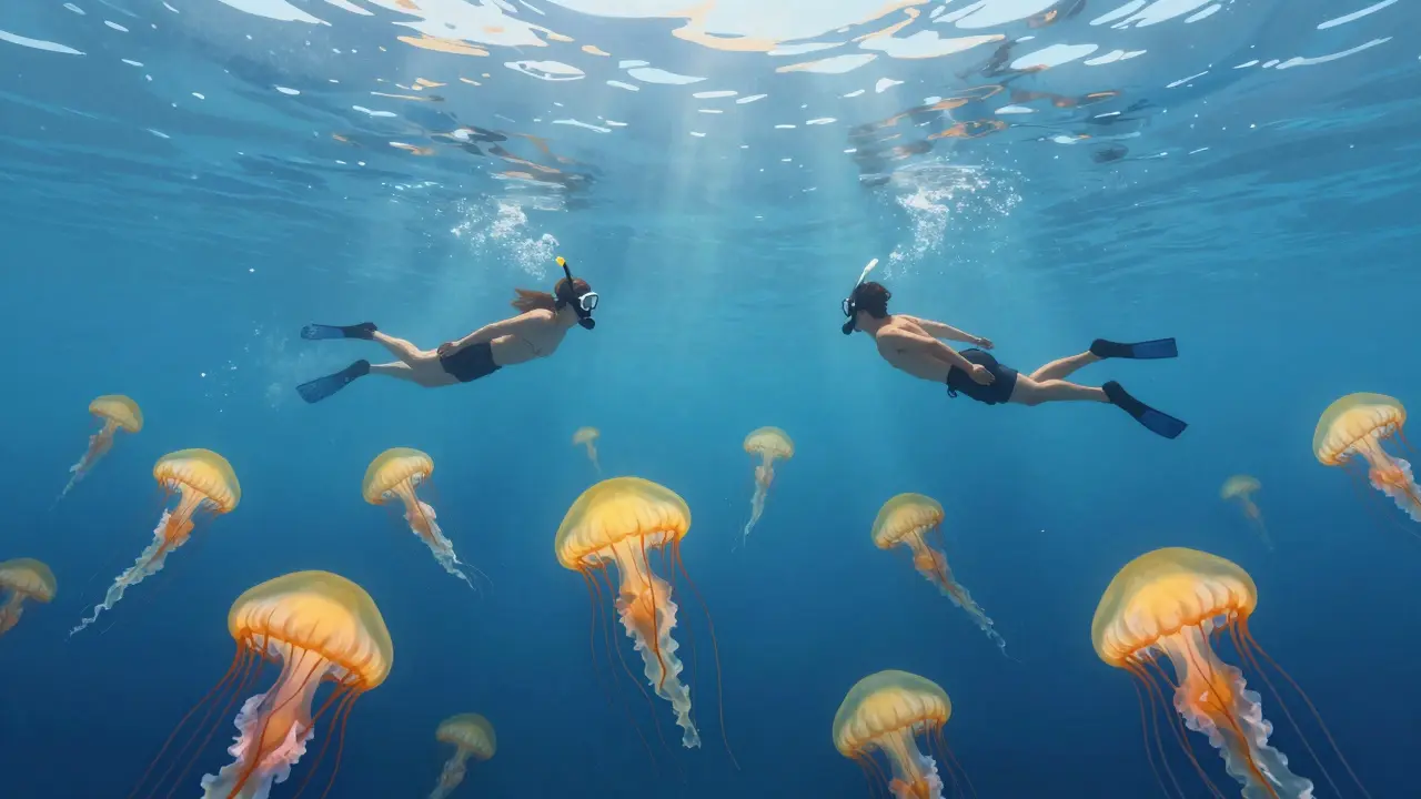 Šnorchlaři plavou mezi tisíci zlatých medúz v jezeru v Palau, kde voda svítí jako sklo.