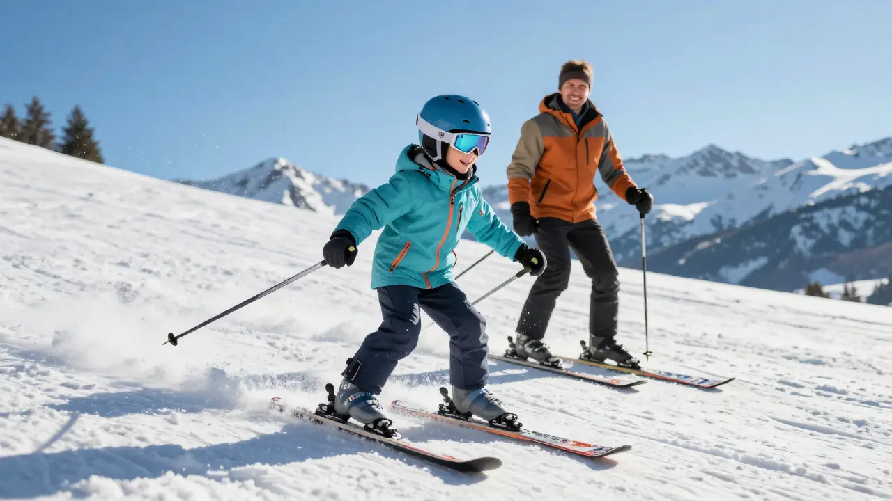 Šťastné dítě sjíždí na lyžích s dohledem rodiče.