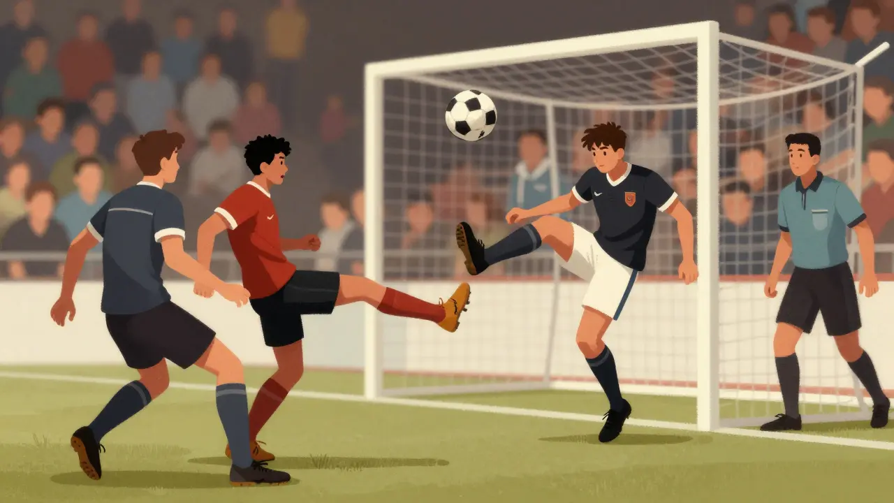 Taktický přenos míče při nepřímém kopu: jeden hráč falešně kopne, druhý přijde a přesně přihrává do prostoru.