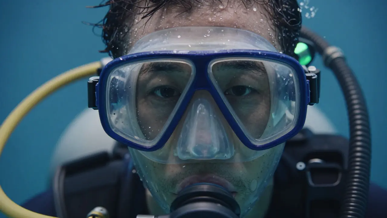 Tělo potápěče ve fázi rané kyslíkové toxickosti, s vyjádřením úzkosti a ztráty kontroly.