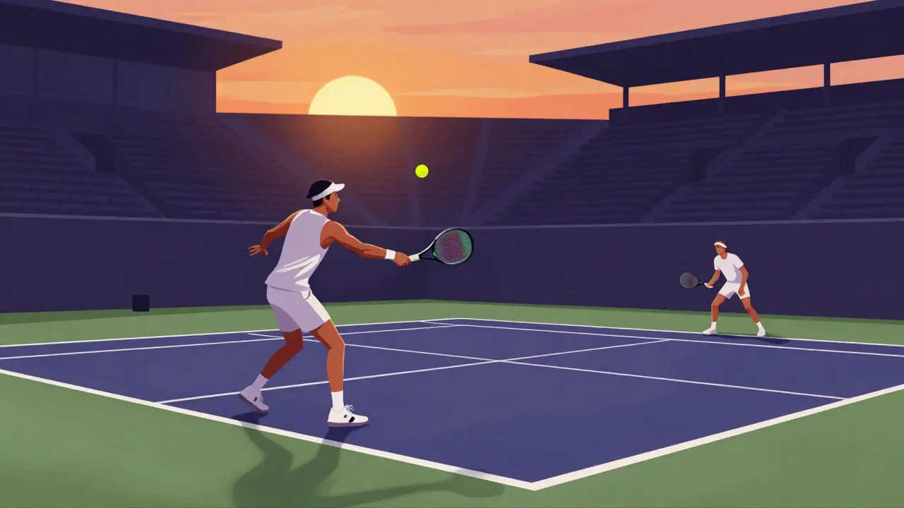 Tennis player celebrating a winning shot in supertiebreak at sunset, opponent frozen in reaction.