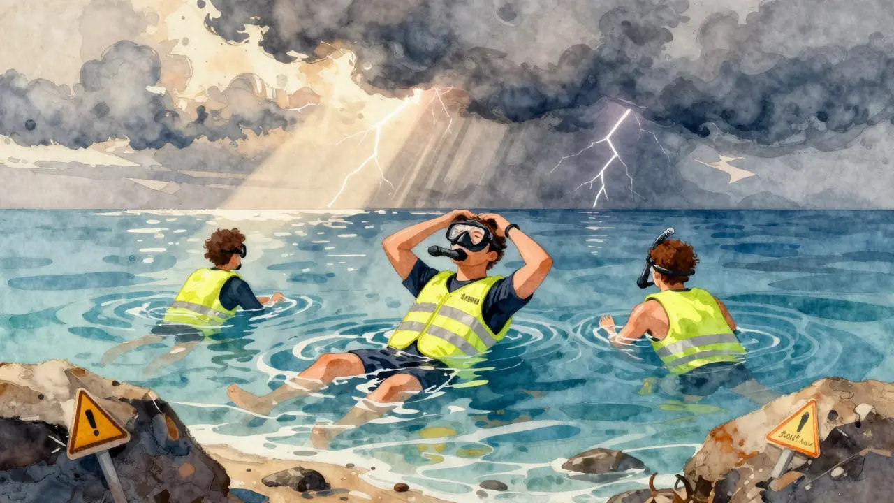 Tři osoby v žlutých záchranných výstupech na moři