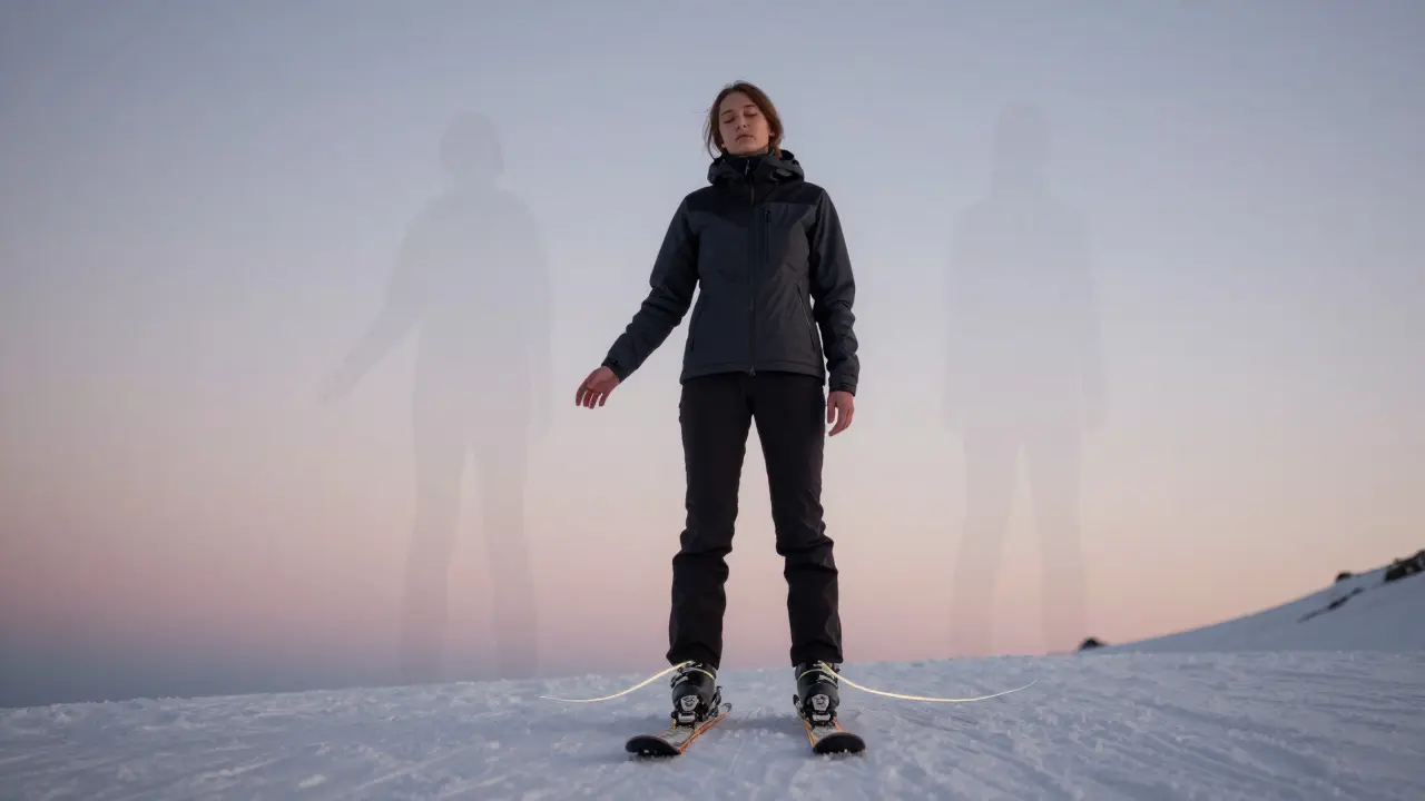 Unavený lyžař zavřenýma očima na rovině, váha ve středu lyží, s průhlednou čárou označující ideální rozložení tíhy.