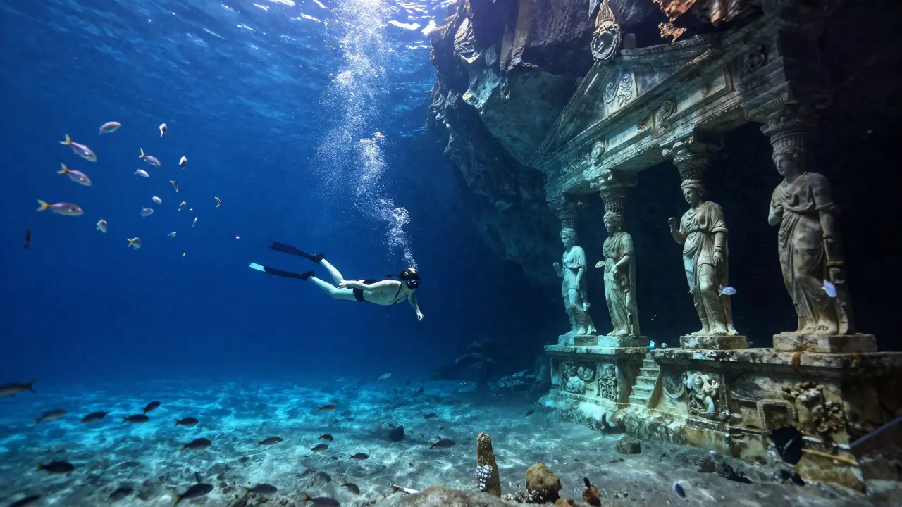 V modré jeskyni na Malte se světlo láme na starověkých kamenných soch pod vodou.