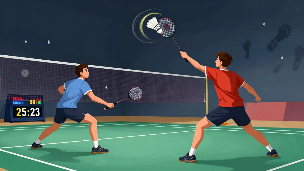 Zápas v badmintonu s časovou tabulkou ukazující 98 minut, hráči v napětí třetího setu.