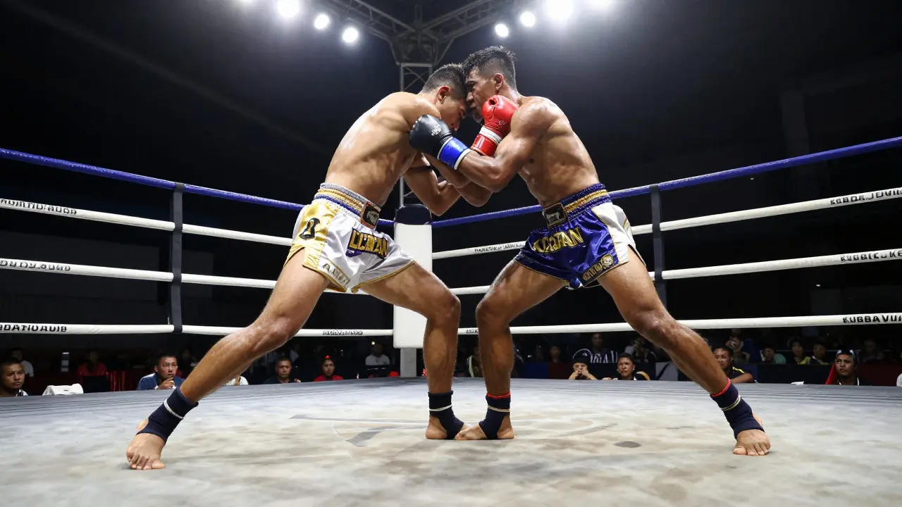 Zápasníci v objetí v bojovém ringu