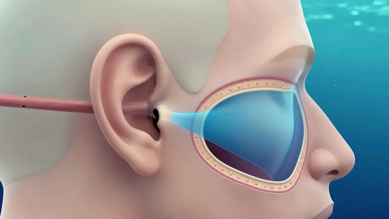 Anatomický průřez ucha znázornující vliv tlaku vody na bubeníček.