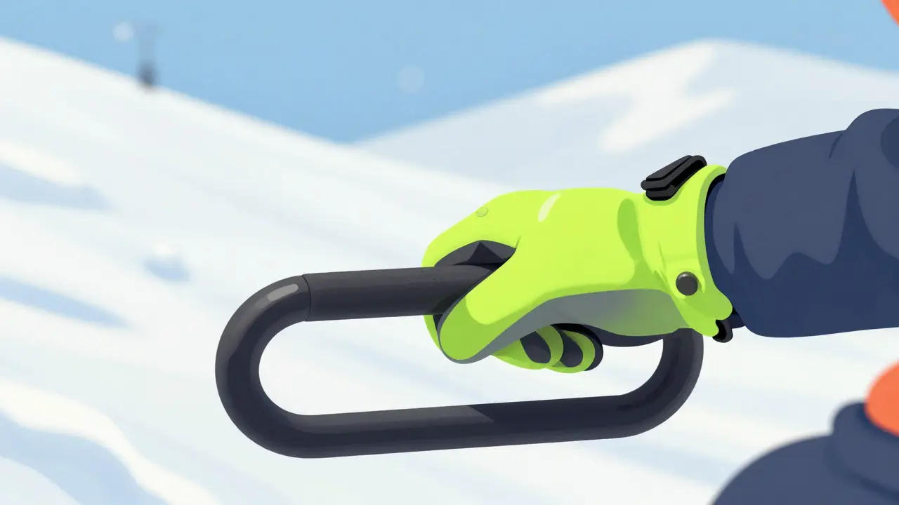 Detail dětské ruky správně držící tyč vleku v úrovni pasu.