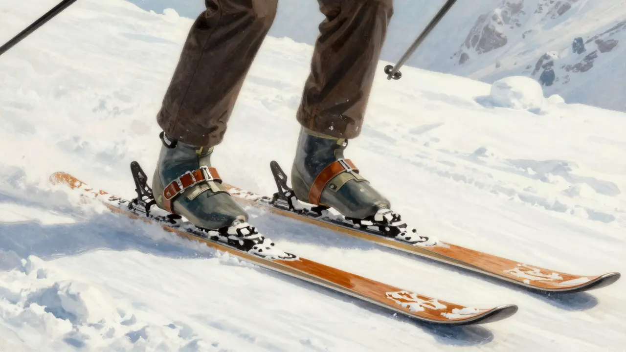 Detail historických lyž a vázání Sondre Norheima při sjezdu z kopce.