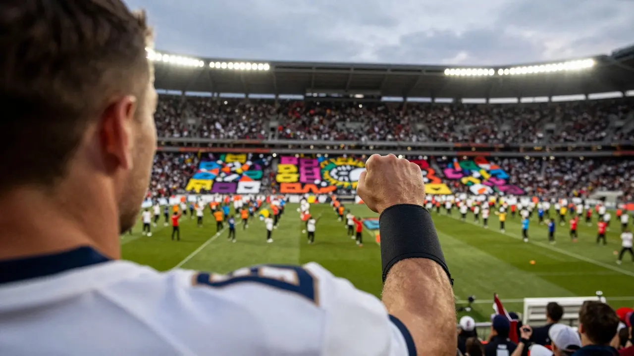 Detail kapitánské pásky s pohledem na fanouškovskou choreografii