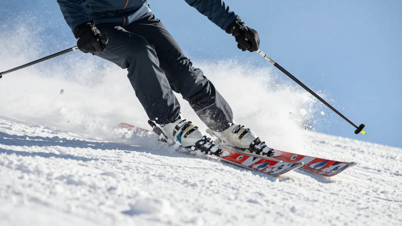 Detail lyžaře při carvingovém obluku s rozstřikovým sněhem na upravené sjezdovce.