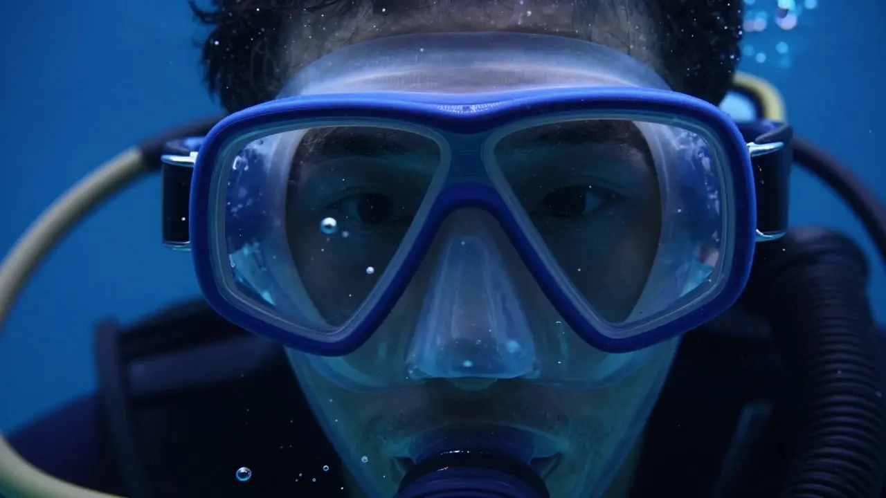 Detail potápěče vyrovnávajícího tlak v masce pomocí bublinek vzduchu z nosu.