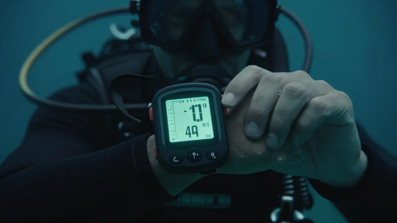 Detail potápěčského počítače na zápěstí znázornující ztrátu soustředění při ponoru.