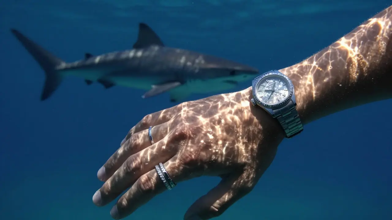 Detail šperků pod vodou odrážejících světlo, které přitahují žraloka