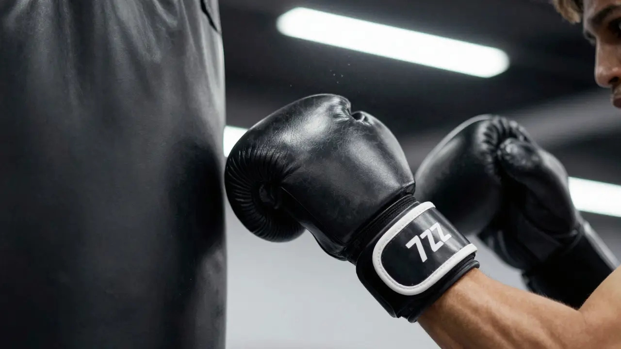 Detail úderu v MMA rukavicach do boxerského pytle.