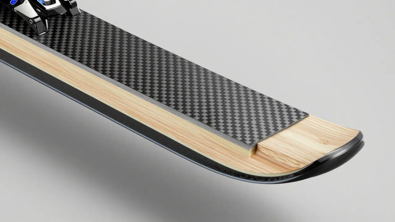 Detailní řez lyže ukazující dřevěné jádro, Titanal a karbonové vrstvy.