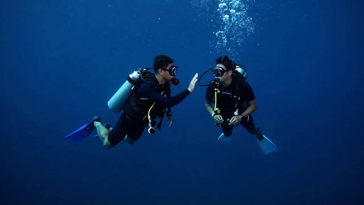 Dva potápěči při pomalém sestupu komunikující pomocí gest.