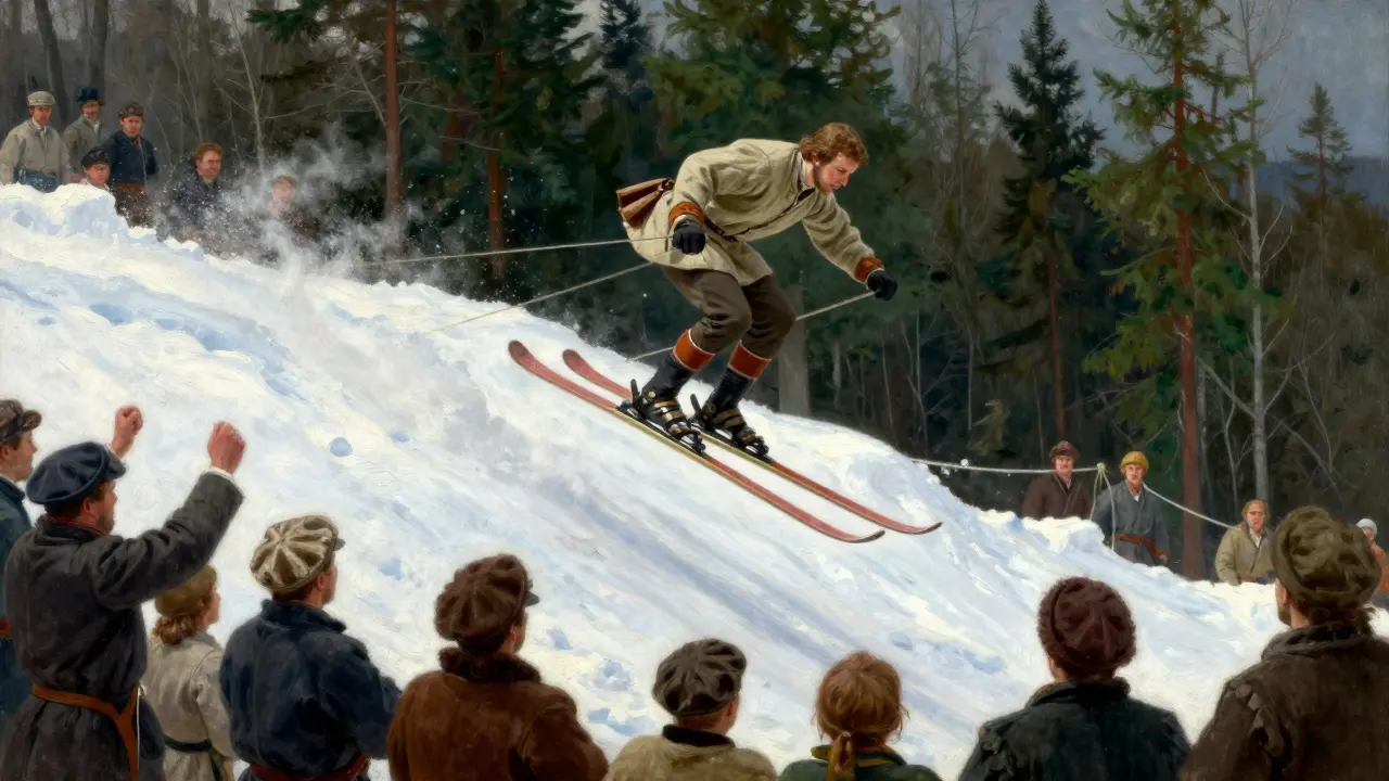 Historický lyžař v vlněném oblečení při odvážném skoku z kopce v Norsku.