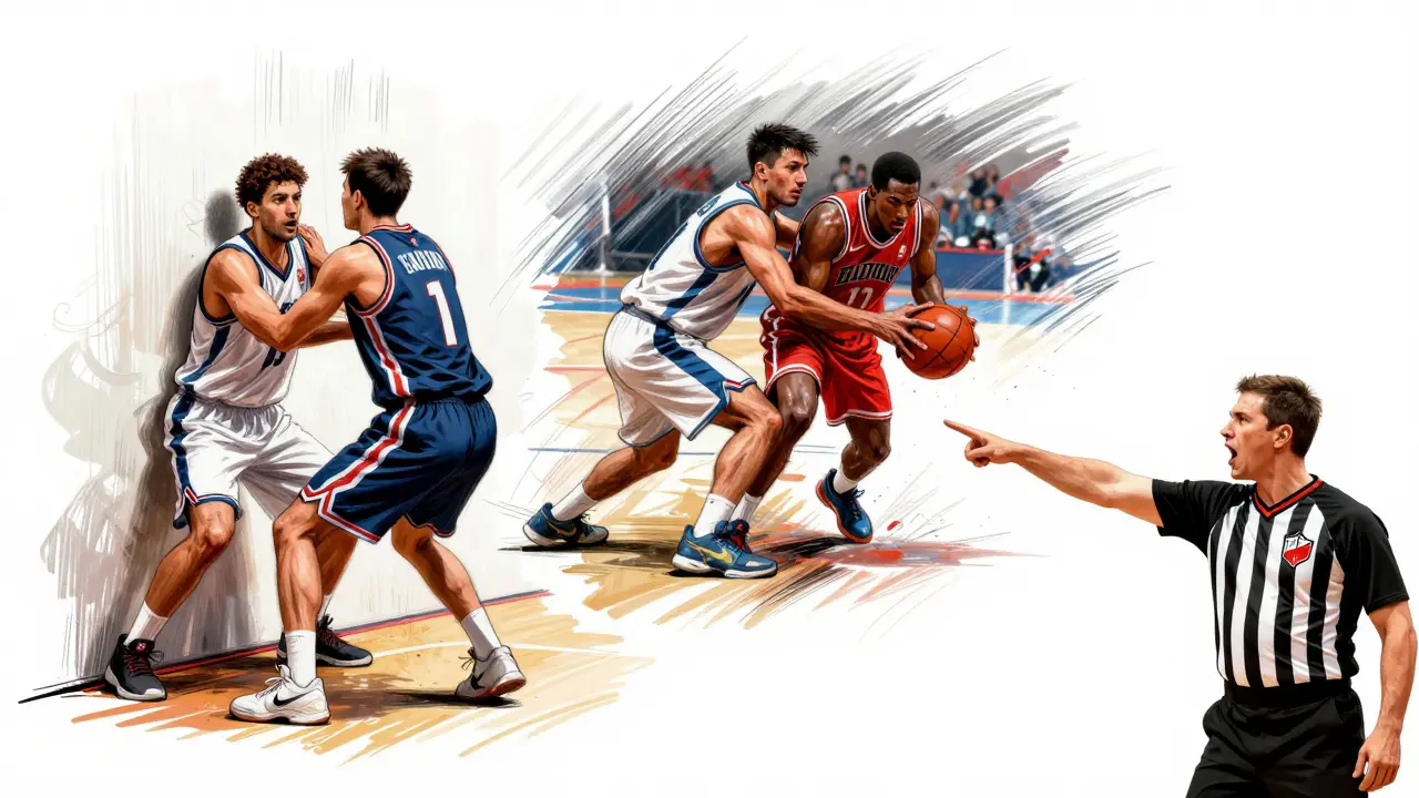 Kolaž znázornující útočný, nesportovní a technický faul v basketbalu.