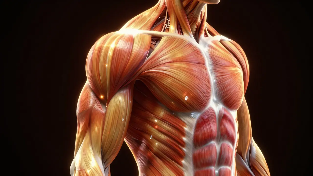 Koncept svalové hypertrofie a mikrotraumat v svalovém vlákně.