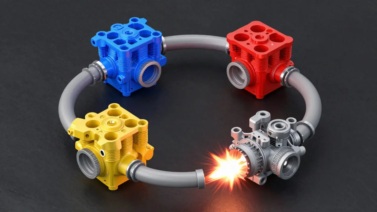 Konceptuální schéma znázorňující čtyři takty spalovacího motoru.