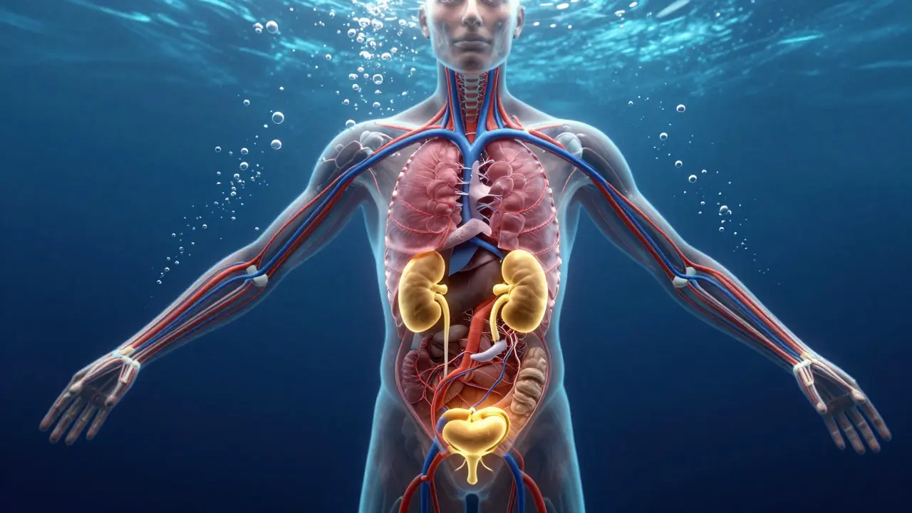 Konceptuální znázornění imerzní diurézy a přenosu krve do jádra těla.