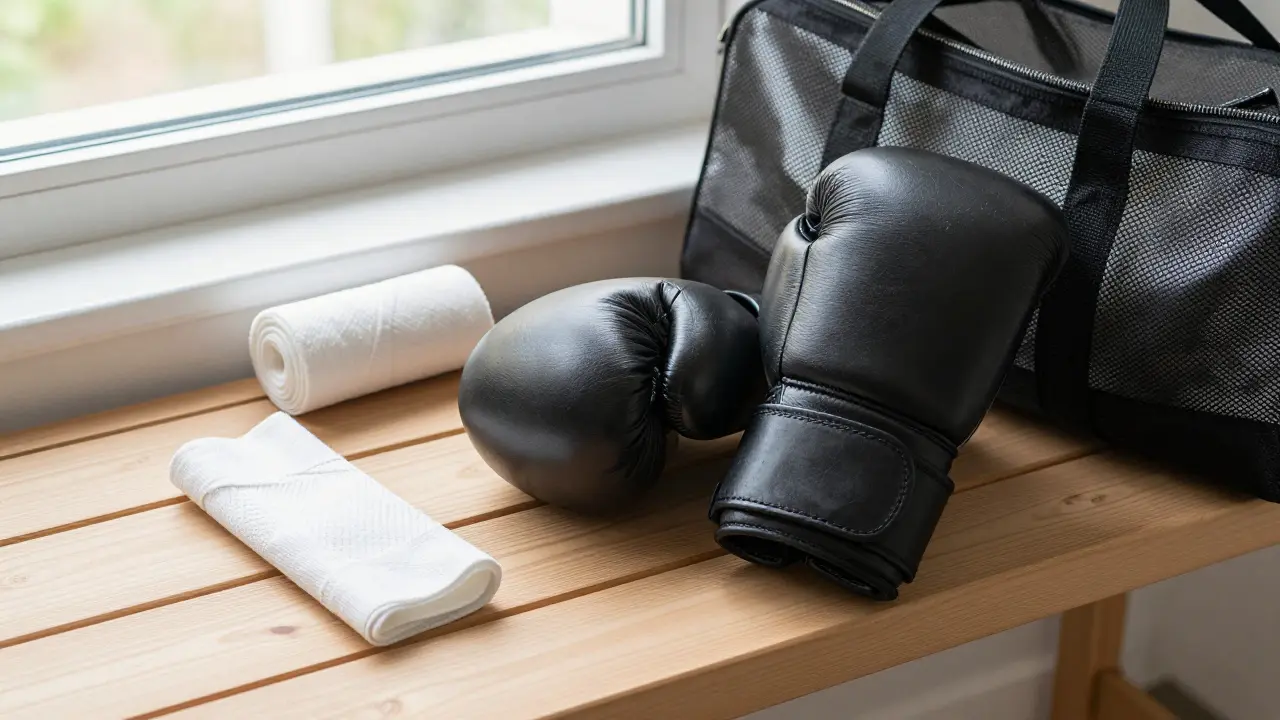 Kvalitní MMA rukavice a bandáže připravené k tréninku na lavičce.