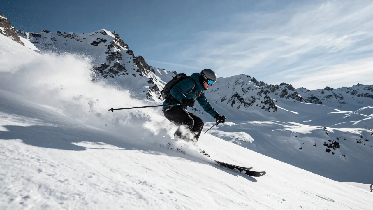 Lyžař provádí plynulý, surfující oblouk v hlubokém sněhu v horském terénu.