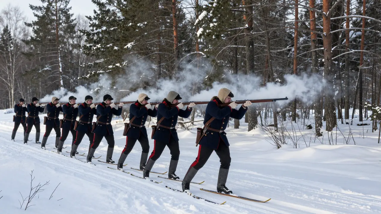 Norscí vojáci 18. století trénující lyžování a střelbu v zimním lese.
