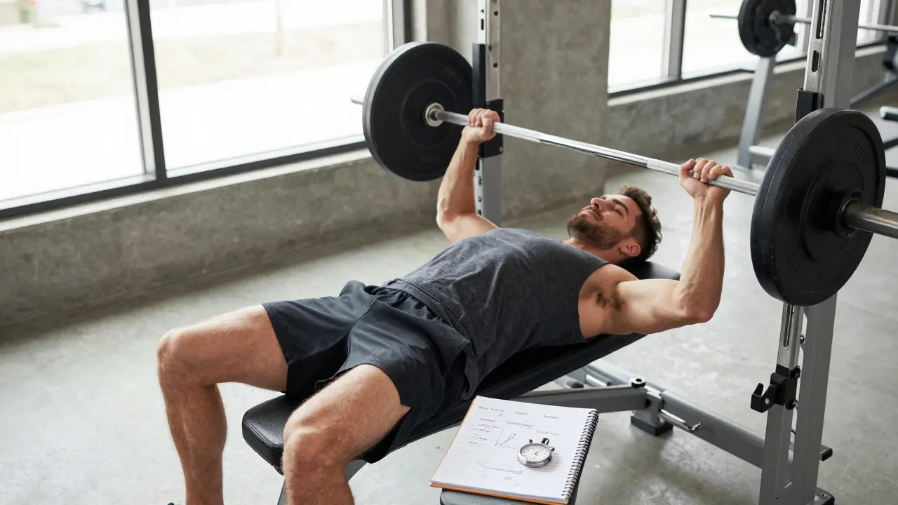 Odpočívající kulturista s tréninkovým deníkem po těžké sérii.