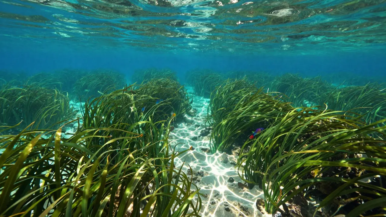 Podmořská zahrada z mořské trávy Posidonia oceanica s rybami v tyrkysovém moři.