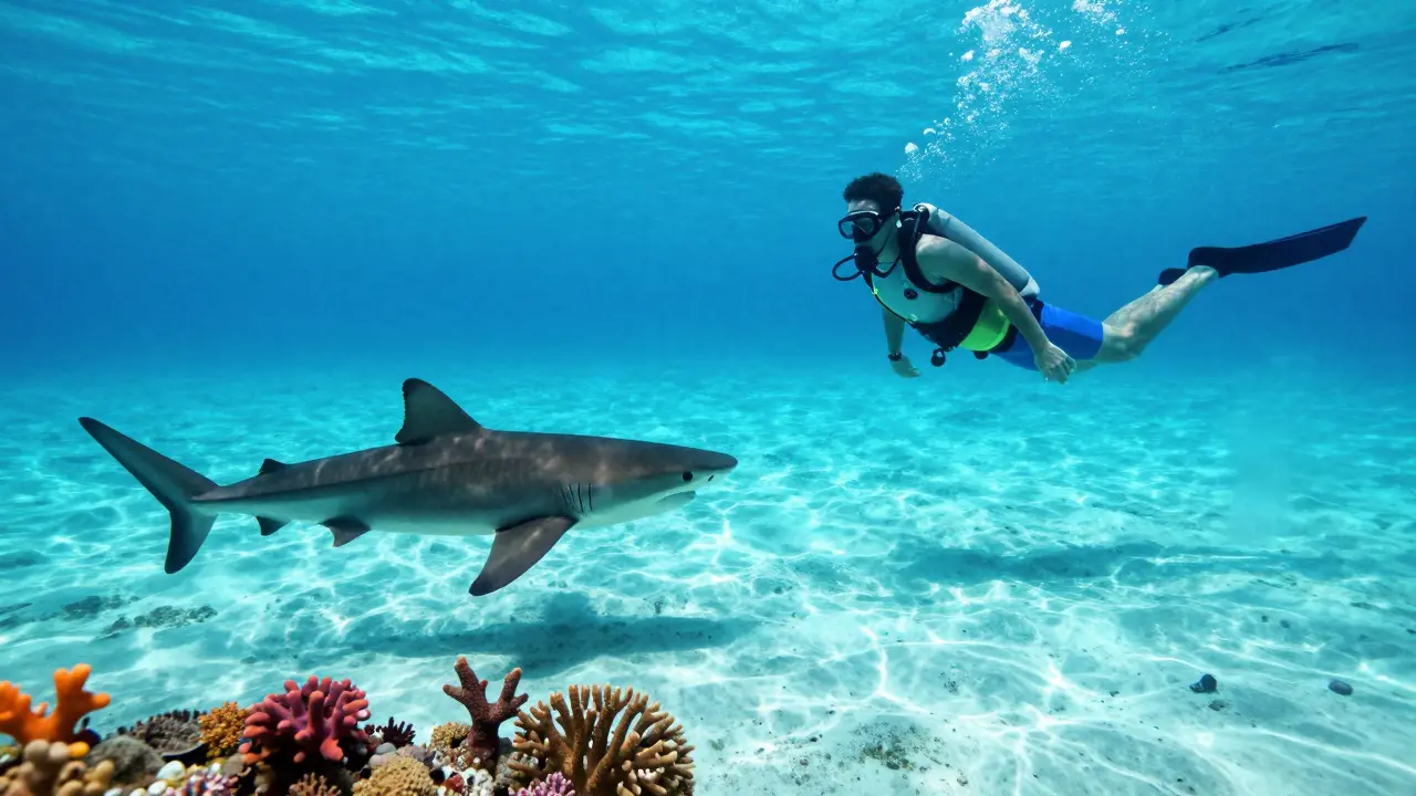 Potápěč v křišťálové vodě Baham pozorující zvědavého žraloka