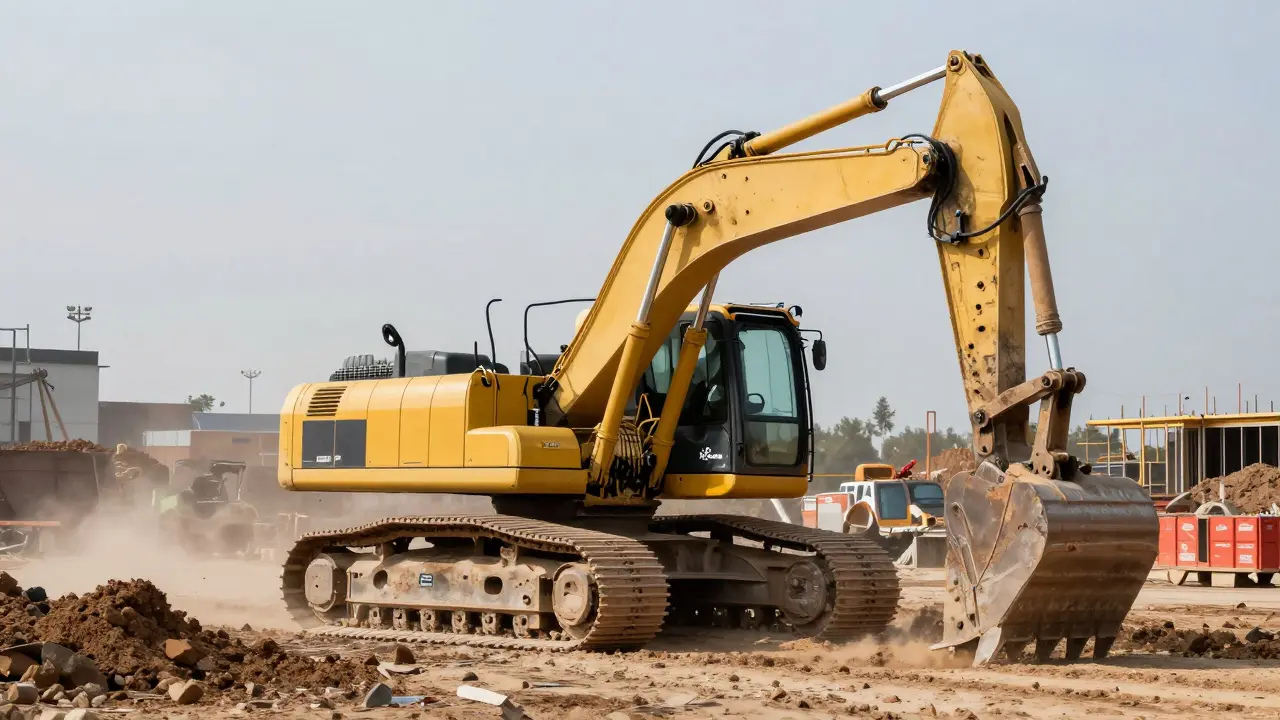 Silný dieselový stavební bagr při práci na stavbě v denním světle.