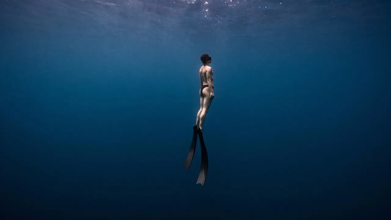 Silueta freedivera klesajícího do hluboké modré propasti oceánu.