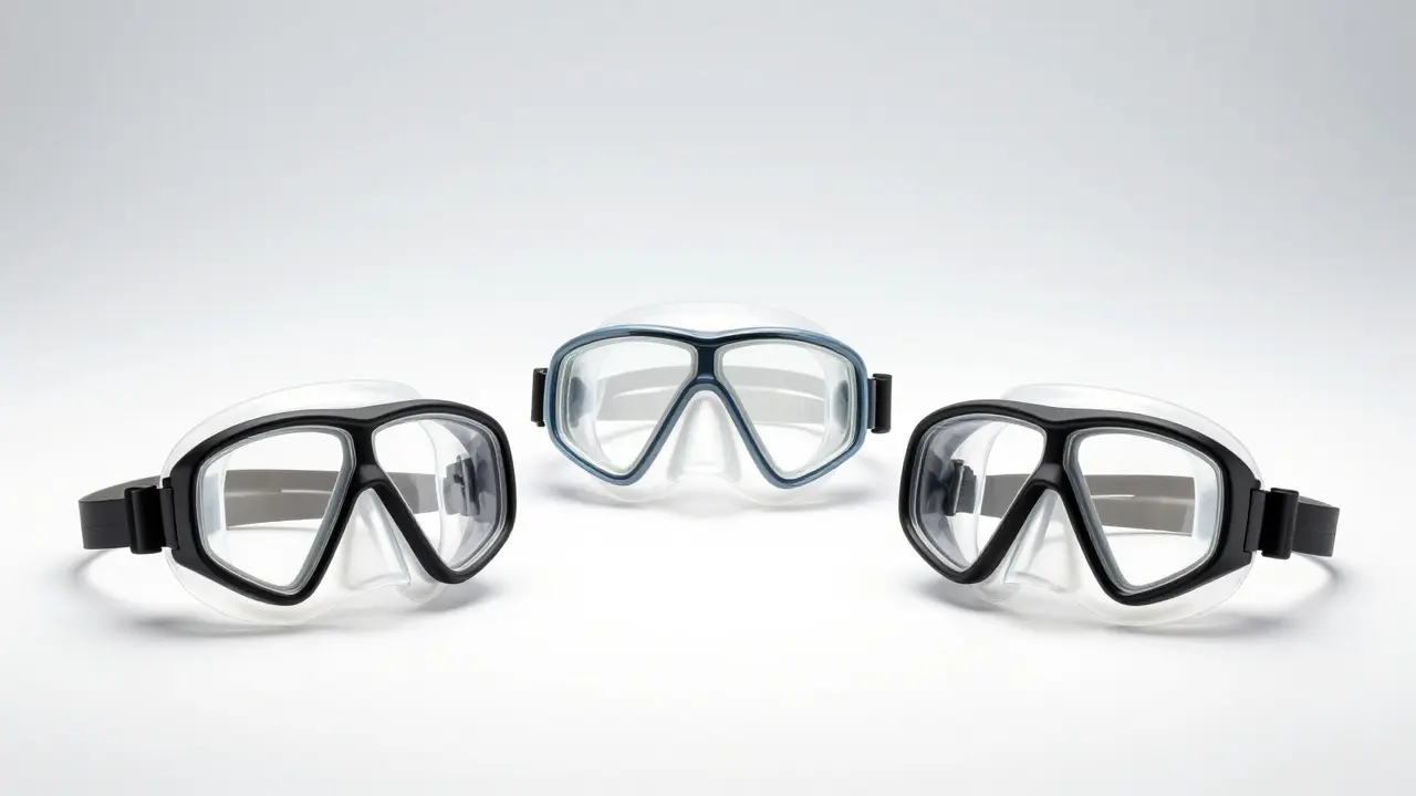 Soustava různých typů potápěčských masek: jedločočková, dvoučočková a panoramatická.