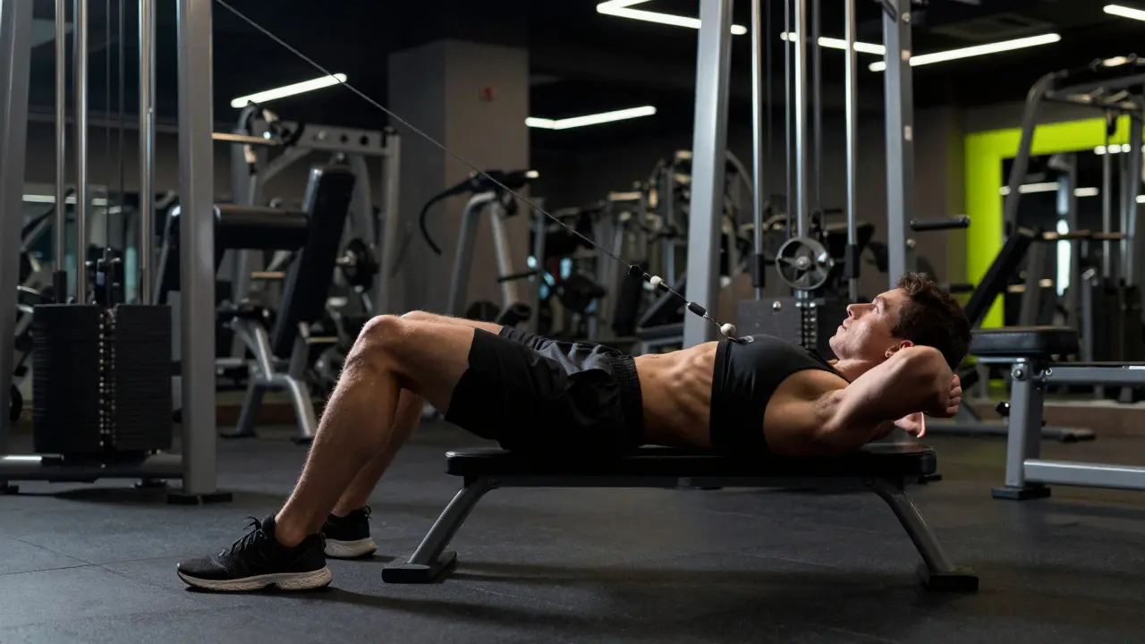 Sportovec provádějící cvik na břicho na kladce v posilovně.