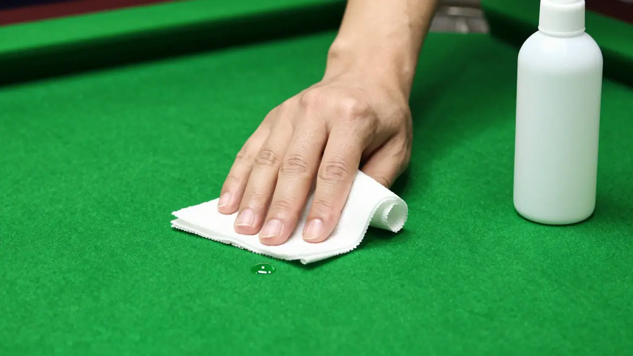 Správné odsávání tekutiny z kulečníkového plátna pomocí papírového ubrousku.