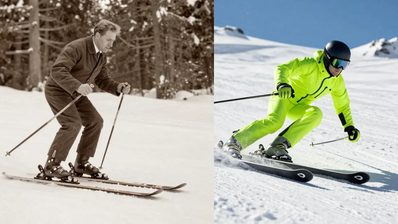 Srovnání historických dřevěných lyží a moderního sjezdového lyžování.