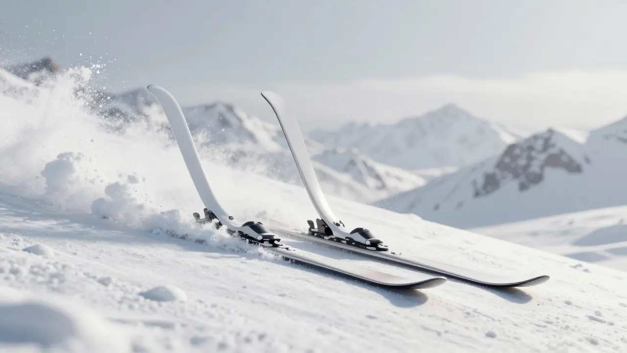 Srovnání úzkých sjezdových lyží zapadajících do sněhu a širokých powderových lyží s rockerem.