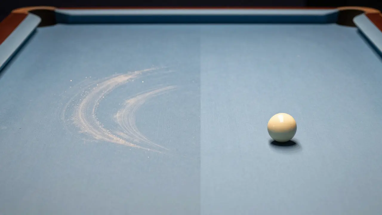 Srovnání znečištěného a čistého povrchu kulečníkového plátna.