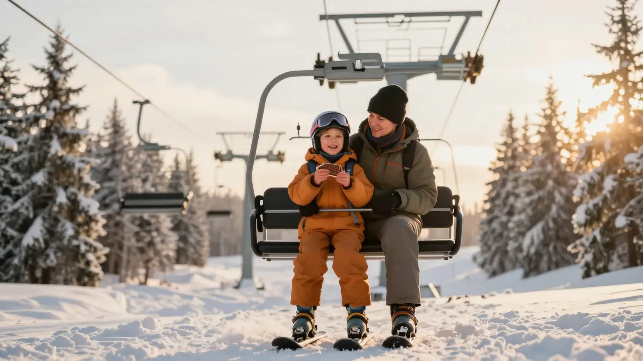 Šťastné dítě a rodič na vrcholu sjezdovky po úspěšné jízdě na vleku.