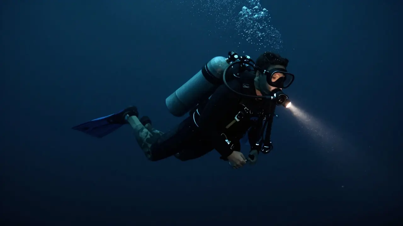 Technický potápěč s vícebačlemi v temných hlubinách oceánu s osvětlením z baterky.
