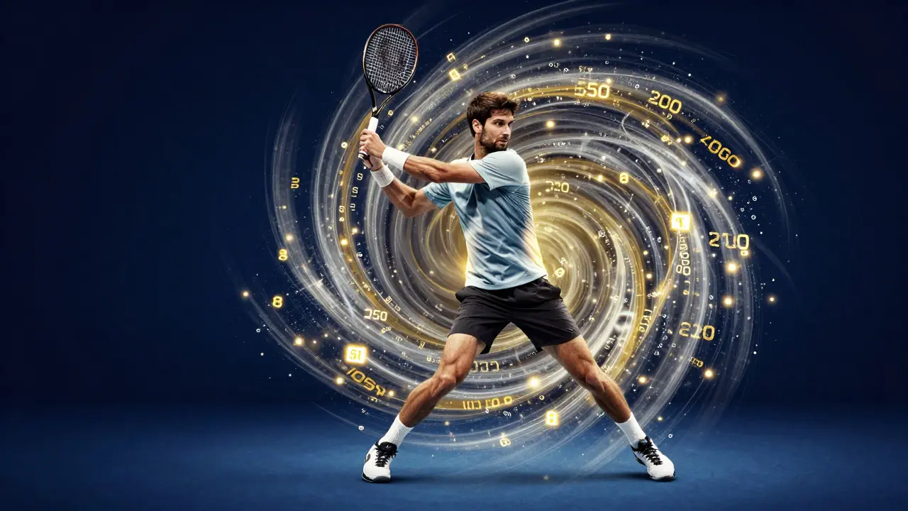 Tenisista obklopen svítícími čísly bodů symbolizujícími žebříček ATP.