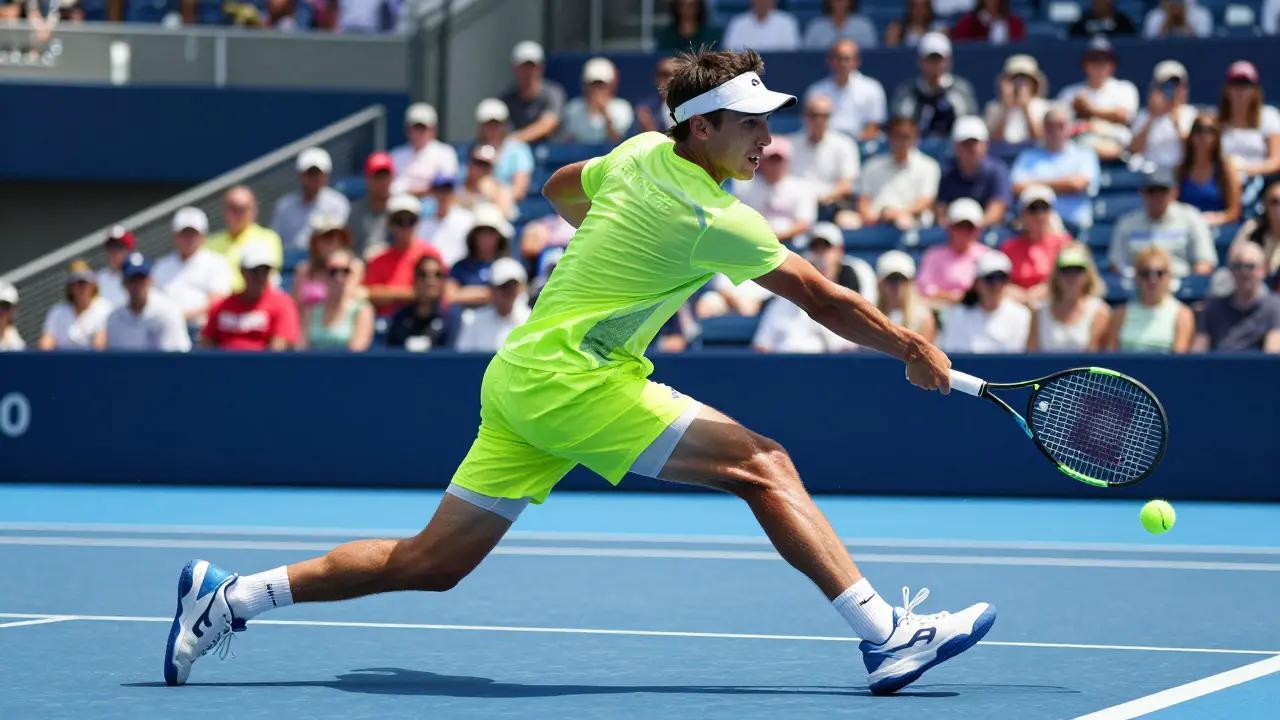 Tenisový hráč v dynamickém pohybu na modrém tvrdém povrchu kurtu.