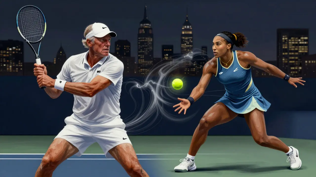 Umělecký obraz znázorňující souboj generací v tenise na US Open.