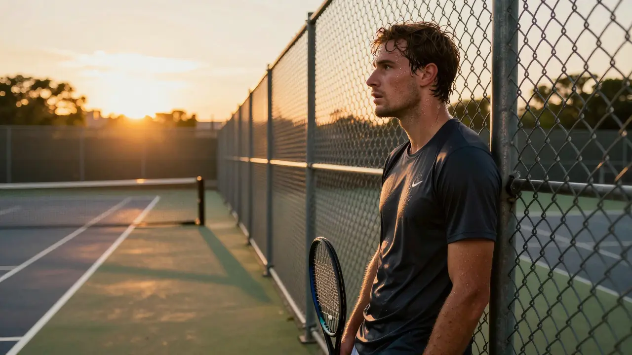 Unavený tenisista na menším kurtu během zápasu v rámci Challenger tour.
