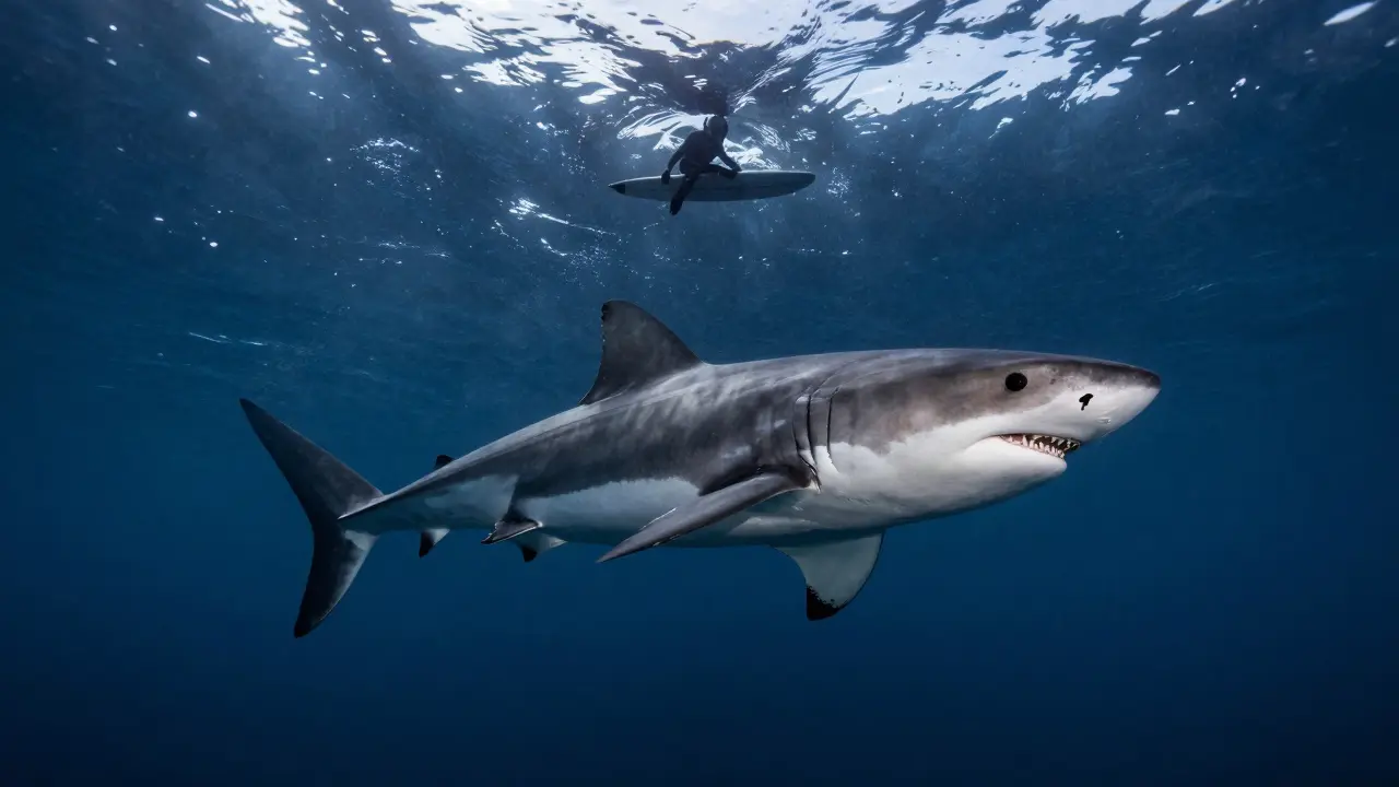 Velký bílý žralok v hluboké modré vodě pod surfovacím prknem
