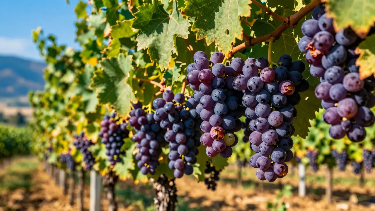 Z detailu h葡萄z vinné révy v horách Troodos připravené na výrobu vína Commandaria.
