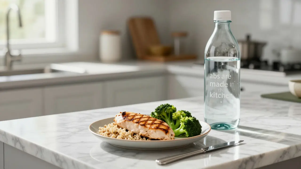 Zdravé jídlo s bílkovinami a quinoa s velkou lávší vody.